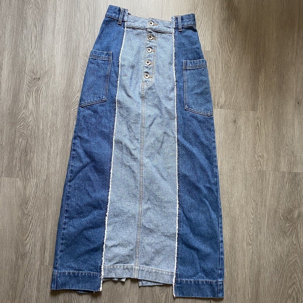 Ray Beams Womens Size‎ 0 Denim Maxi Skirt Asymmetrical Mixed Two tone 90s Y2K